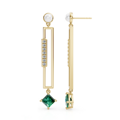 Diamond, Pearl and Emerald Geometric Drop Earrings