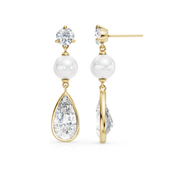 Pear Shaped Lab Grown Diamond and Fresh Water Pearl Bridal Drop Earrings