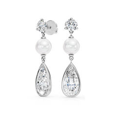 Pear Shaped Lab Grown Diamond and Fresh Water Pearl Bridal Drop Earrings