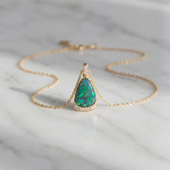 18k Yellow Gold Solid Opal & Diamond Pendant