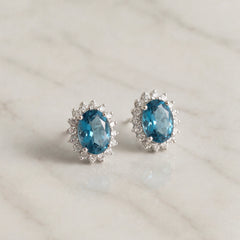 Blue Topaz and Diamond Halo Stud Earring
