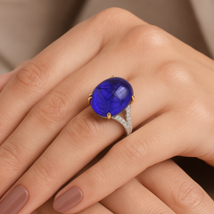 Rare Cabochon Cut Tanzanite & Diamond Cocktail Ring