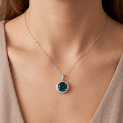 18k White Gold Topaz & Diamond Halo Pendant With Chain