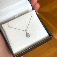 18k White Gold Round Brilliant Cut Diamond Halo Pendant & Chain