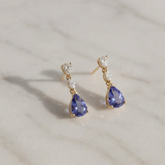 9k Yellow Gold Tanzanite & Diamond Drop Earrings