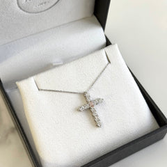 18k White Gold Pink & White Lab-Grown Diamond Slider Cross Necklace