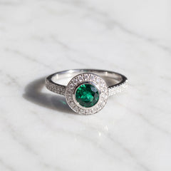 White Gold Gilson Emerald & Diamond Halo Cocktail Ring