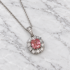18k White Gold Cushion Cut Lab Grown Pink Diamond Cluster Pendant With Chain